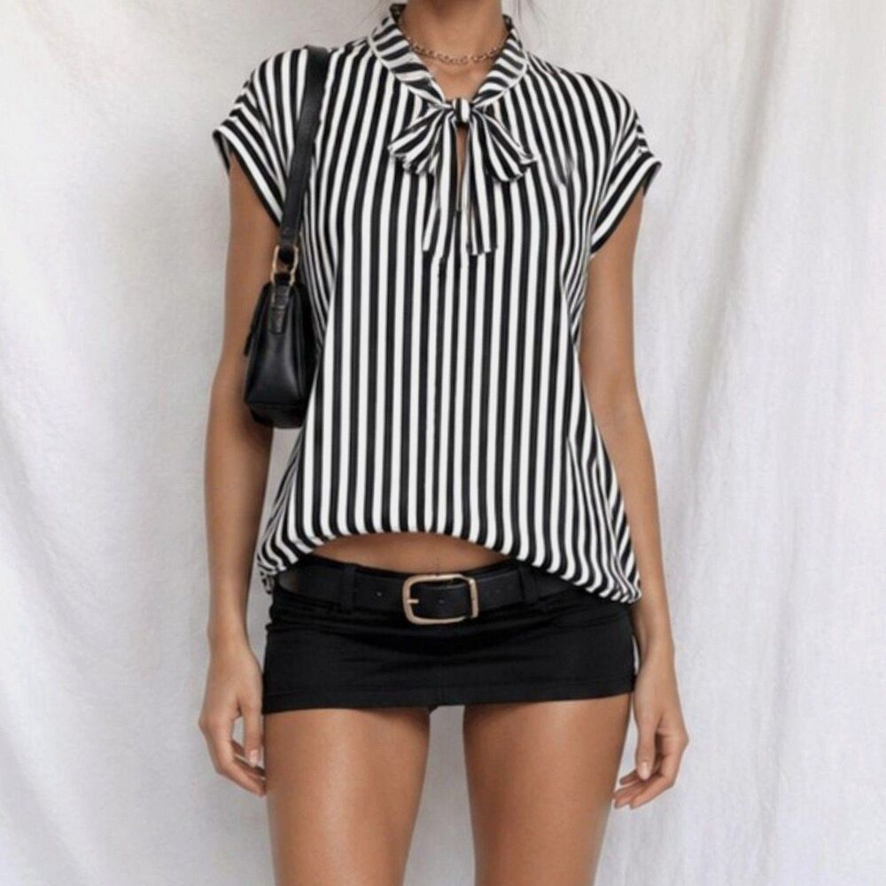 Vintage Y2K Black White Bow Tie Capped Sleeve Striped Blouse Top Size S/M